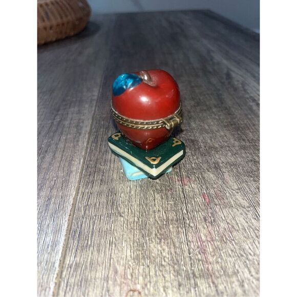 Vintage Porcelain Mini Hinged Trinket Box Apple On Books Teacher 2.25” - Picture 3 of 5